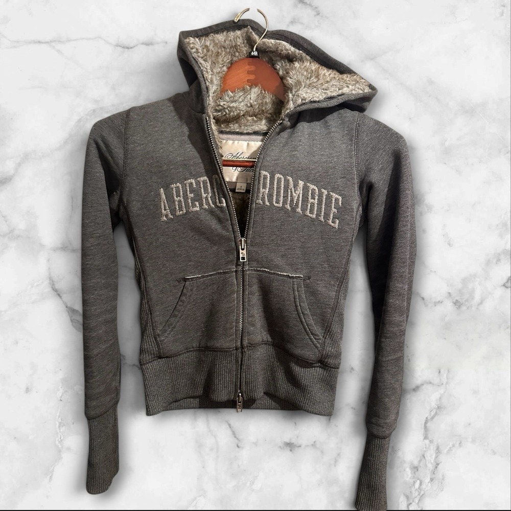 Y2K Abercrombie & Fitch Womens Gray Fur Lined Full Zip Hoodie Logo Small